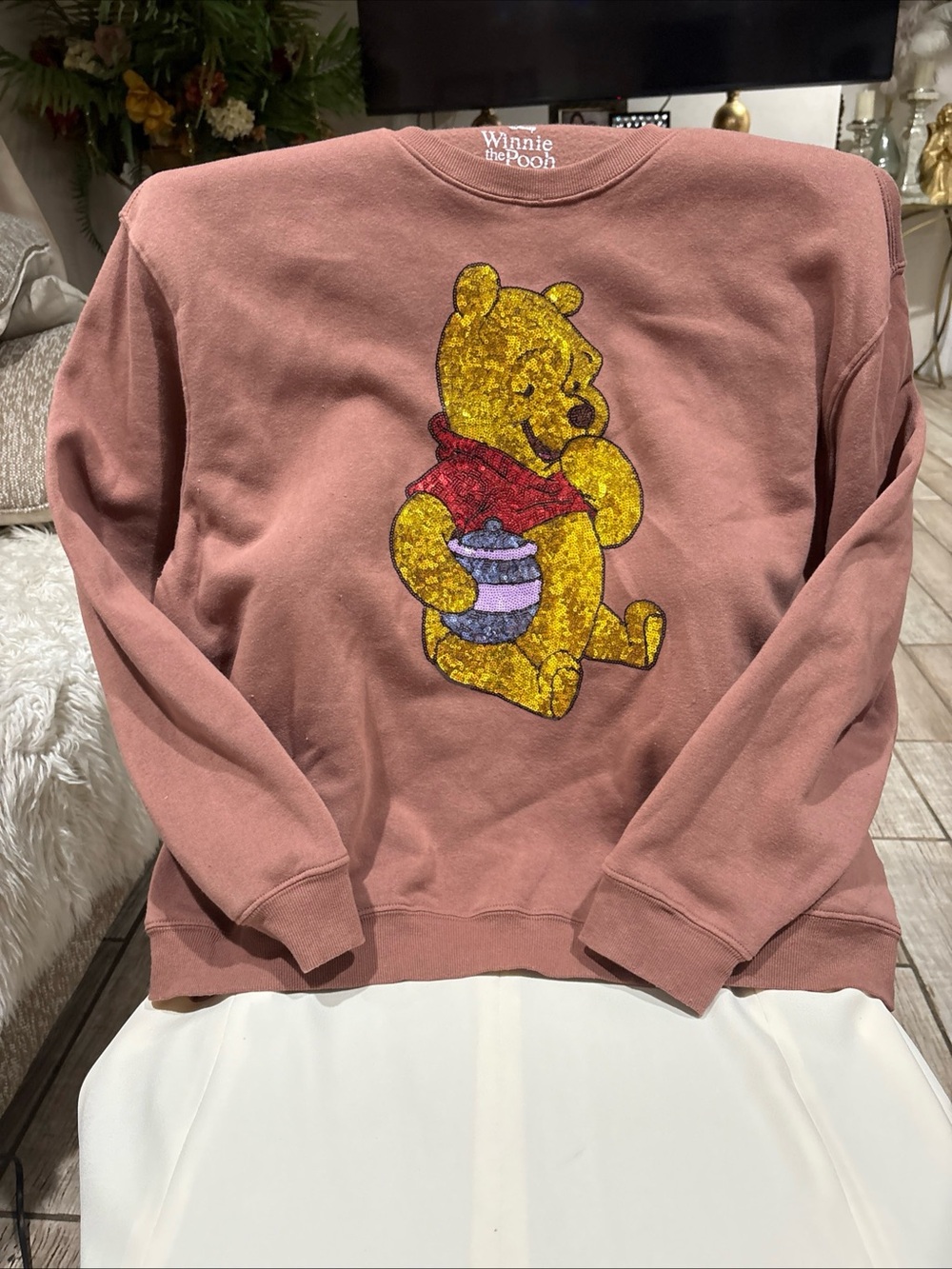 Disney Winnie the Pooh Dusty Rose/ brown Sequin Graphic Crewneck 3XL